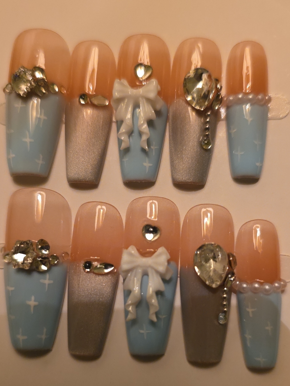 Blue & Nude Rhinestone Bow Press-On Nails - Size Large